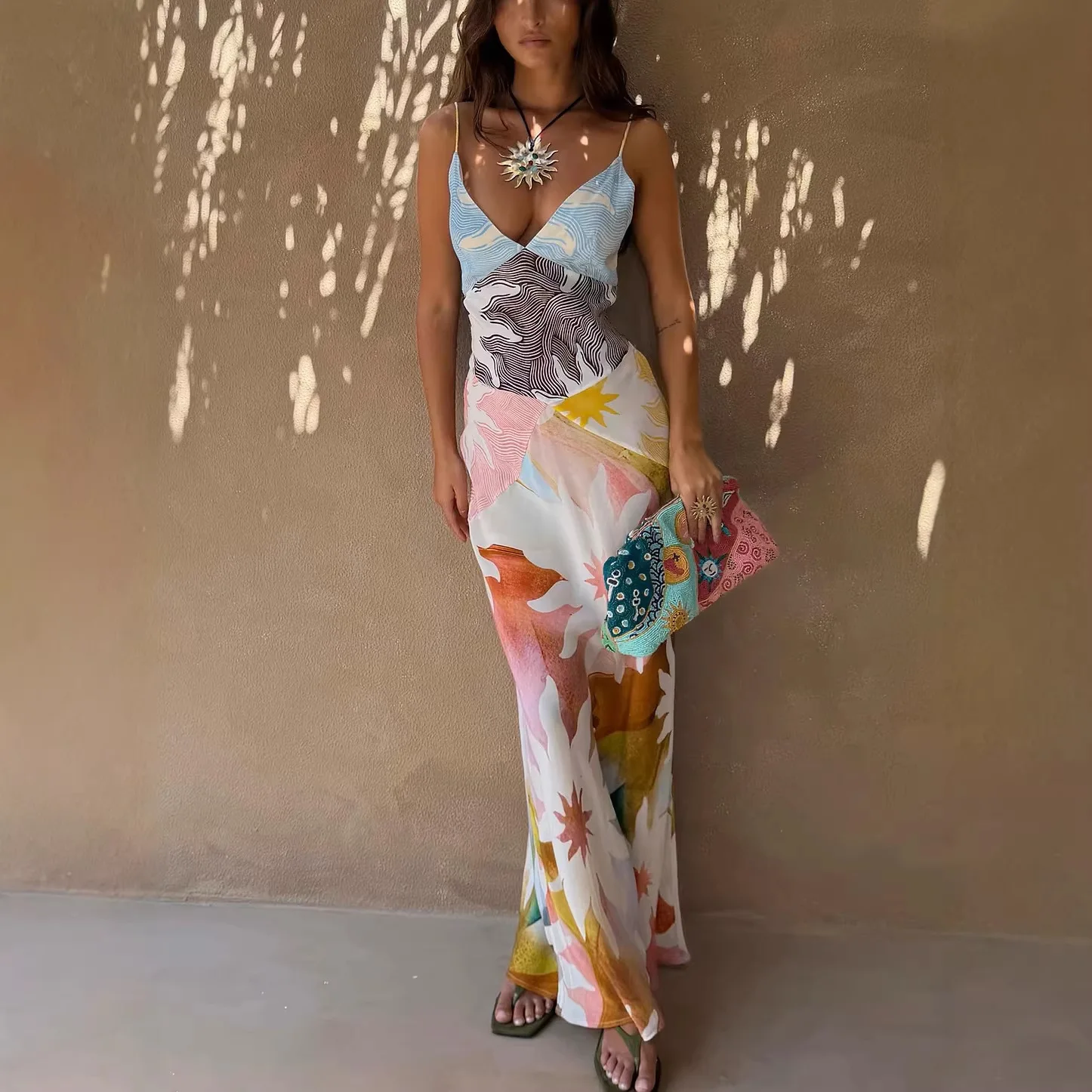 Picture 4: Summer New Print Spaghetti Strap Dress Women Summer New Fashion Sexy Deep V-neck Slim Dresses Vacation Style Bodycon Vestidos