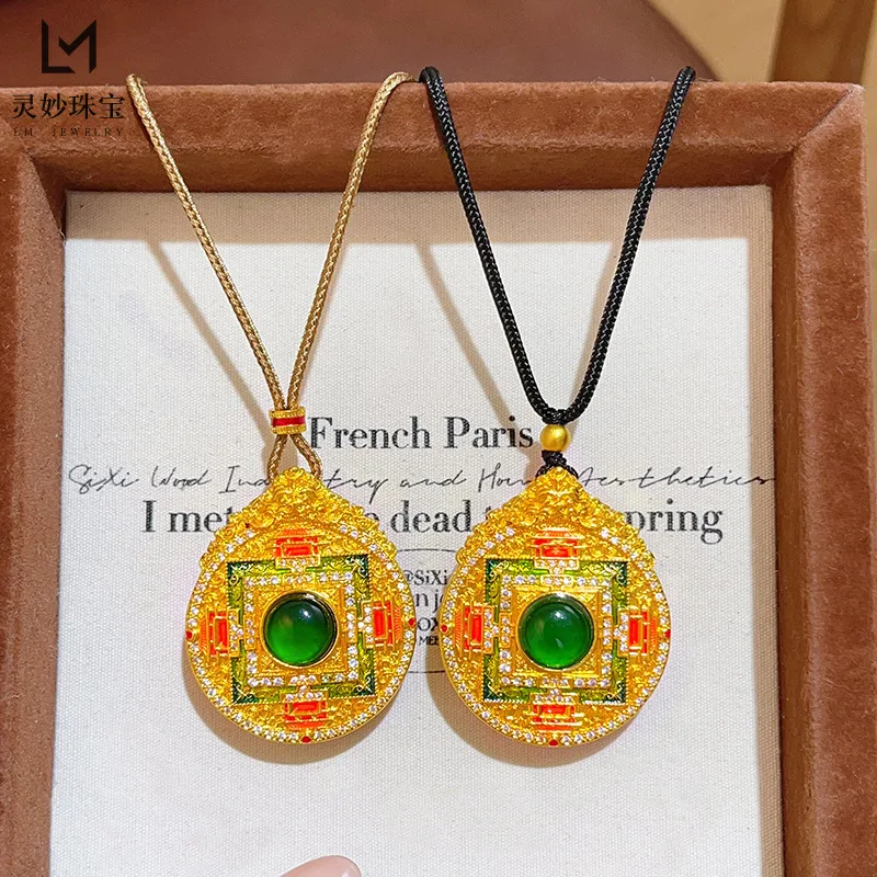 

The same 24K real gold dot diamond enamel lucky mandala pendant 9999 necklace sweater chain national fashion gift for girlfriend