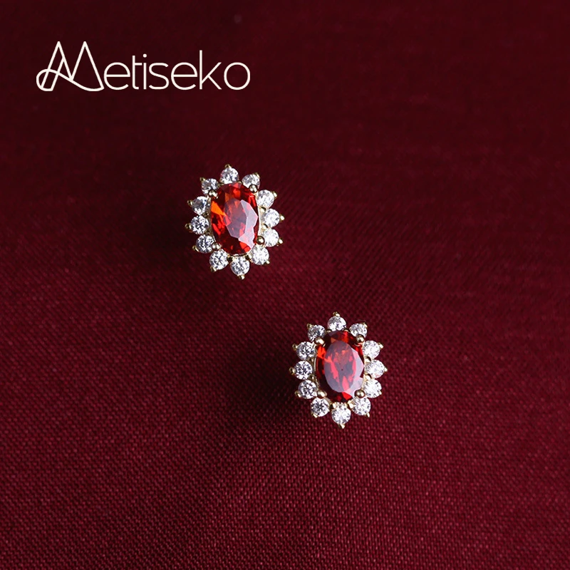 Metiseko 925 Sterling Silver 18K Gold Plated Ruby Color Stud Earrings Garnet Red Cubic Zirconia Retro Elegant Earrings for Women