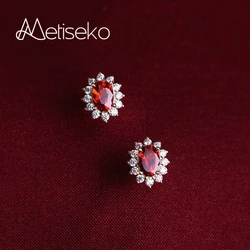 Metiseko 925 18K Banhado A Ouro Rubi Brincos Cor Do Parafuso Prisioneiro de Prata Esterlina Garnet Red Cubic Zirconia Retro Elegante Brincos para As Mulheres