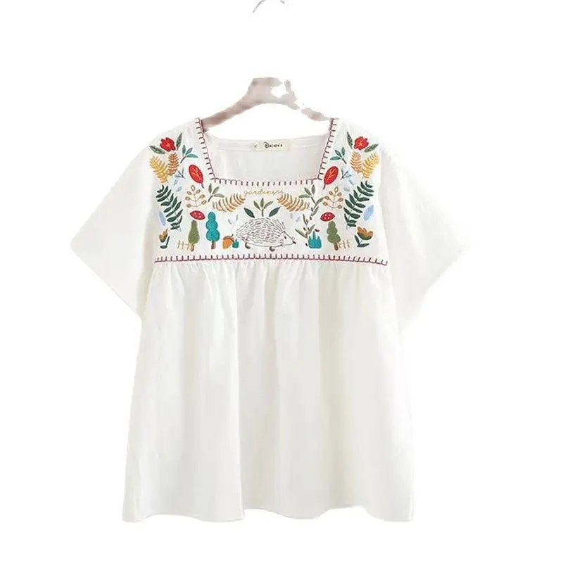 New Spring Cotton Embroidery Casual Shirts Women Square Collar OL Blouse Girl Short Sleeve Literature Top 2024 Summer T455147QC