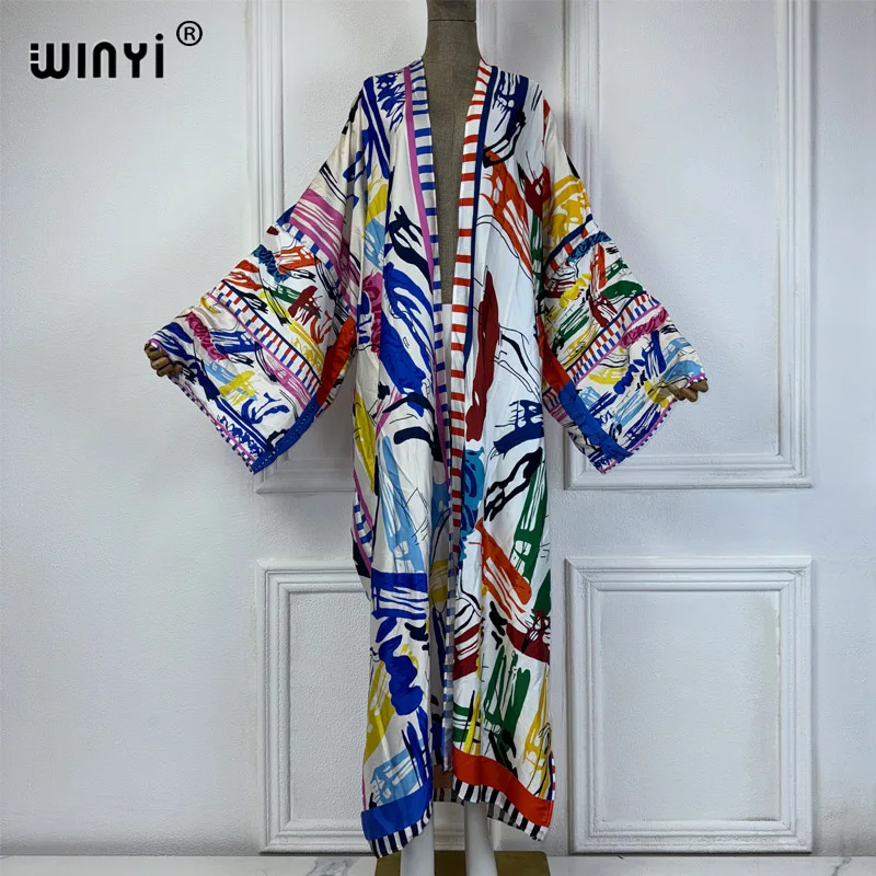 WINYI-kimono veraniego para mujer, ropa de playa, vestido playero, cárdigan bohemio maxi, abayas, caftán con estampado de grafiti, 2024