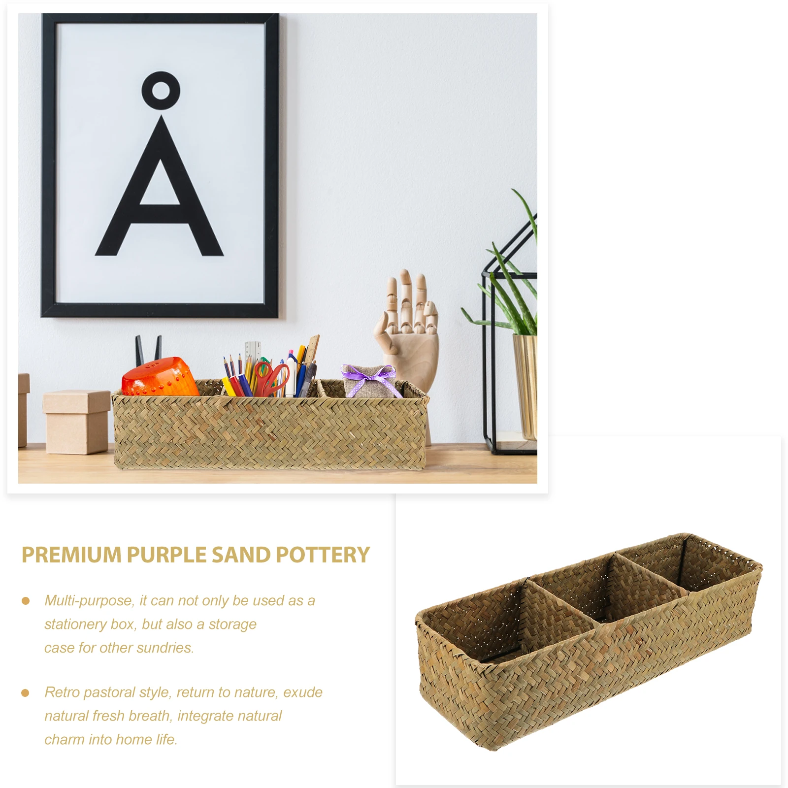 

Divided Storage Box Rattan Compartment Bins Garbage Can Natural Seagrass Basket
