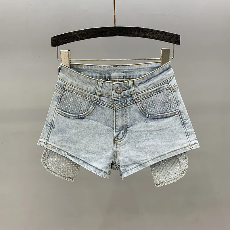 [zoci] Pink Rhinestone Denim Shorts Summer 2024 Trend, Girl A-line Elastic Slim Fit Wide Leg Hot Pants