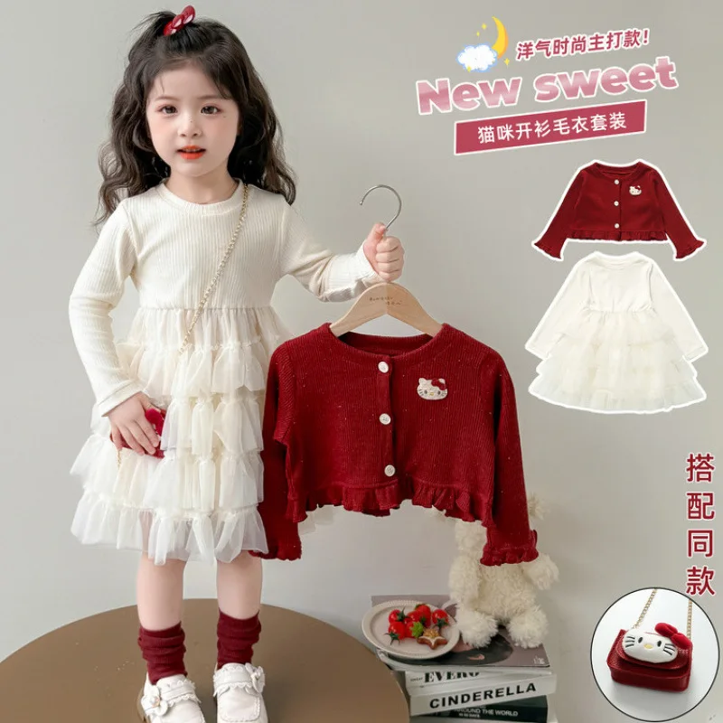 

Платье-кардиган Hello Kitty для девочек, весна-осень, новая вязаная одежда с аниме-персонажами, детская одежда, милый мультяшный свитер-кардиган