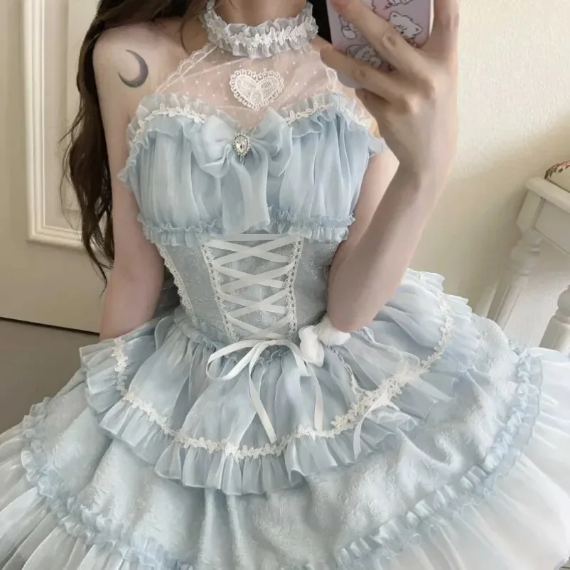 جديد اليابانية القوطية لوليتا الأميرة النساء Kawaii الدانتيل الكشكشة القوس ضمادة سليم حفلة 2025 الفتيات Y2k أنيقة لطيف فستان قصير