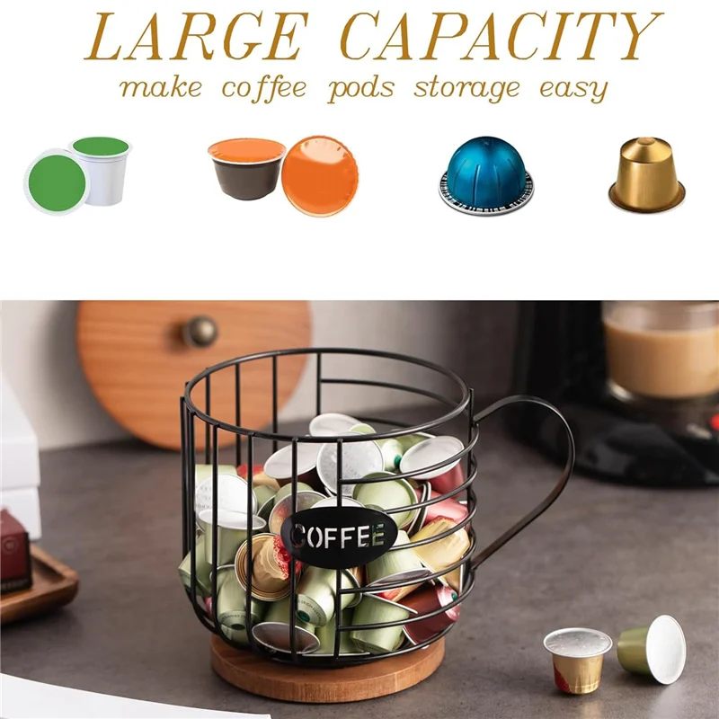 

A89X Rustic Coffee Pod Holder K Cup Storage Basket Round Coffee Basket Decor With Wooden Lid For Kitchen Countertop For Pods