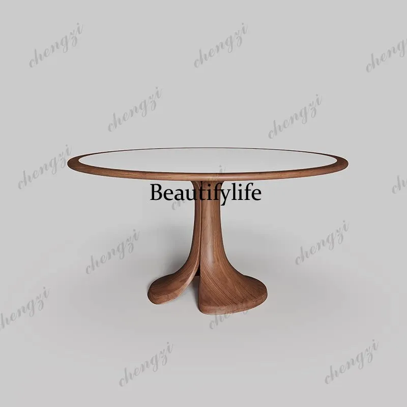 Solid wood inlaid rock slab dining table with turntable imported light luxury modern 1.5m round table