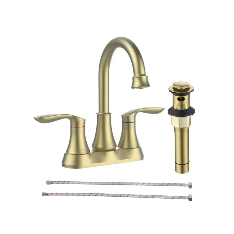 

Brushed Gold Bathroom Faucet with Pop-Up Drain & Supply Hoses, 2-Handle, 360° High Arc Swivel Spout, 4-Inch Centerset Vanity