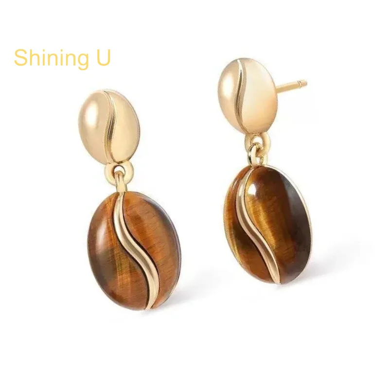 Shining U Tiger Eye Coffee Bean Stud Earrings for Women Fashion Jewelrys Gift Autumn