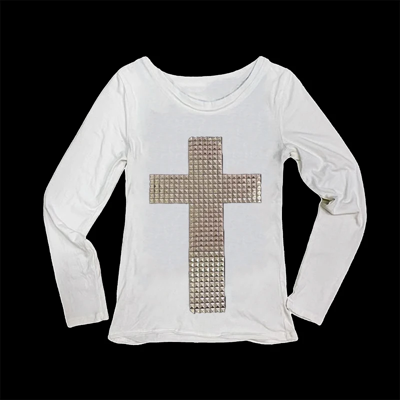 

Harajuku Cross Hot Stamping Y2k Emo Kpop Goth Long Sleeves Women 90s Vintage Clothing T-shirts Kawaii Girl Clothes Streetwear