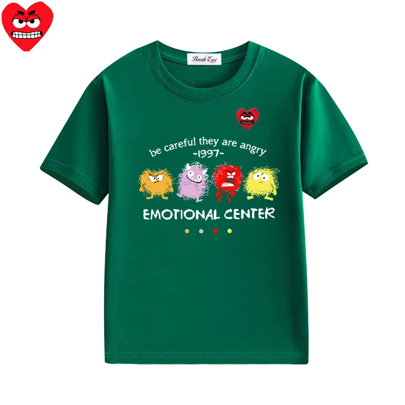 Cartoon Bacteria Printing Boy Girl T-shirt Cotton Cartoon Snag Heart Embroidery O-neck Short-sleeved Kid Straight Summer T-shirt