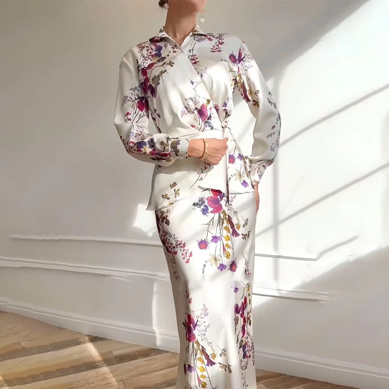 Spring Fashion Floral Print Slim Fit Suit Elegant Lace Up Party Outfits Ladies V-neck Long Sleeved Top and Skirt Two Piece Sets