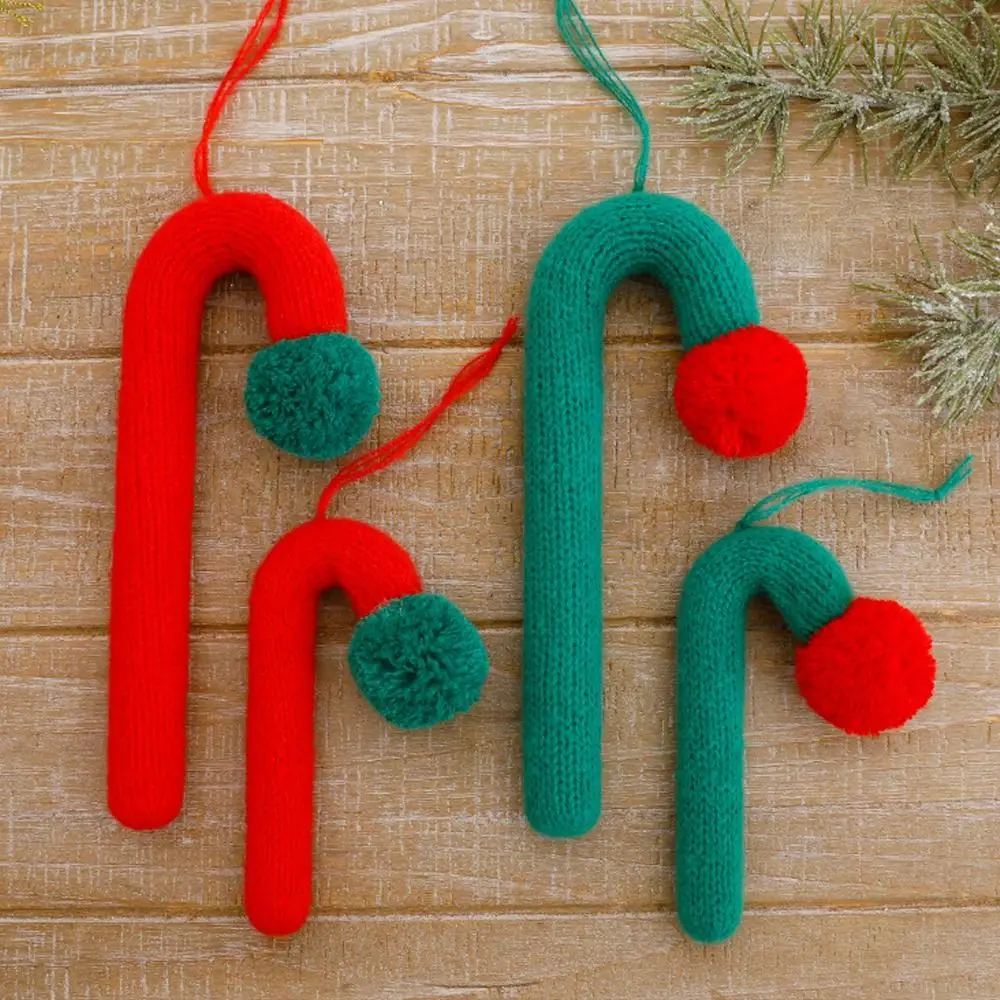 Knitted Plush Christmas Cane Candy Cartoon Handmade Christmas Walking Stick Candy Red Green Hanging Candy Cane Ornaments