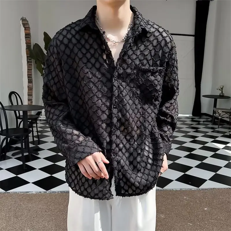 Mature Minimalist Niche Design Hollow Out Spring Summer Long Sleeve For Men Korean Version Cool And Elegant Draped Stylist Shirt