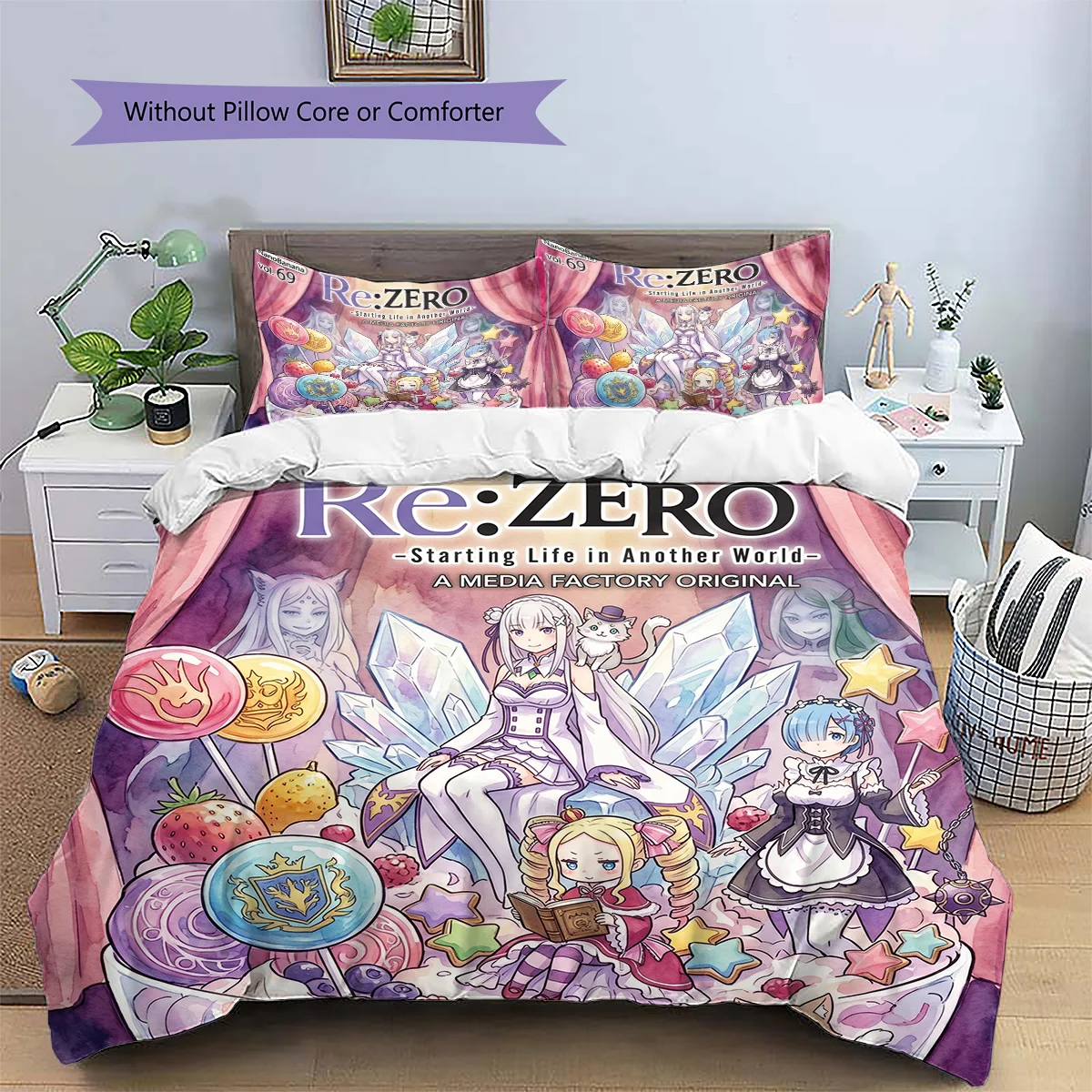 ReZero Anime Style Patterned Pillowcase & Duvet Cover Set Bedroom Bedding Decor Great Gift for Enthusiasts YUN6516