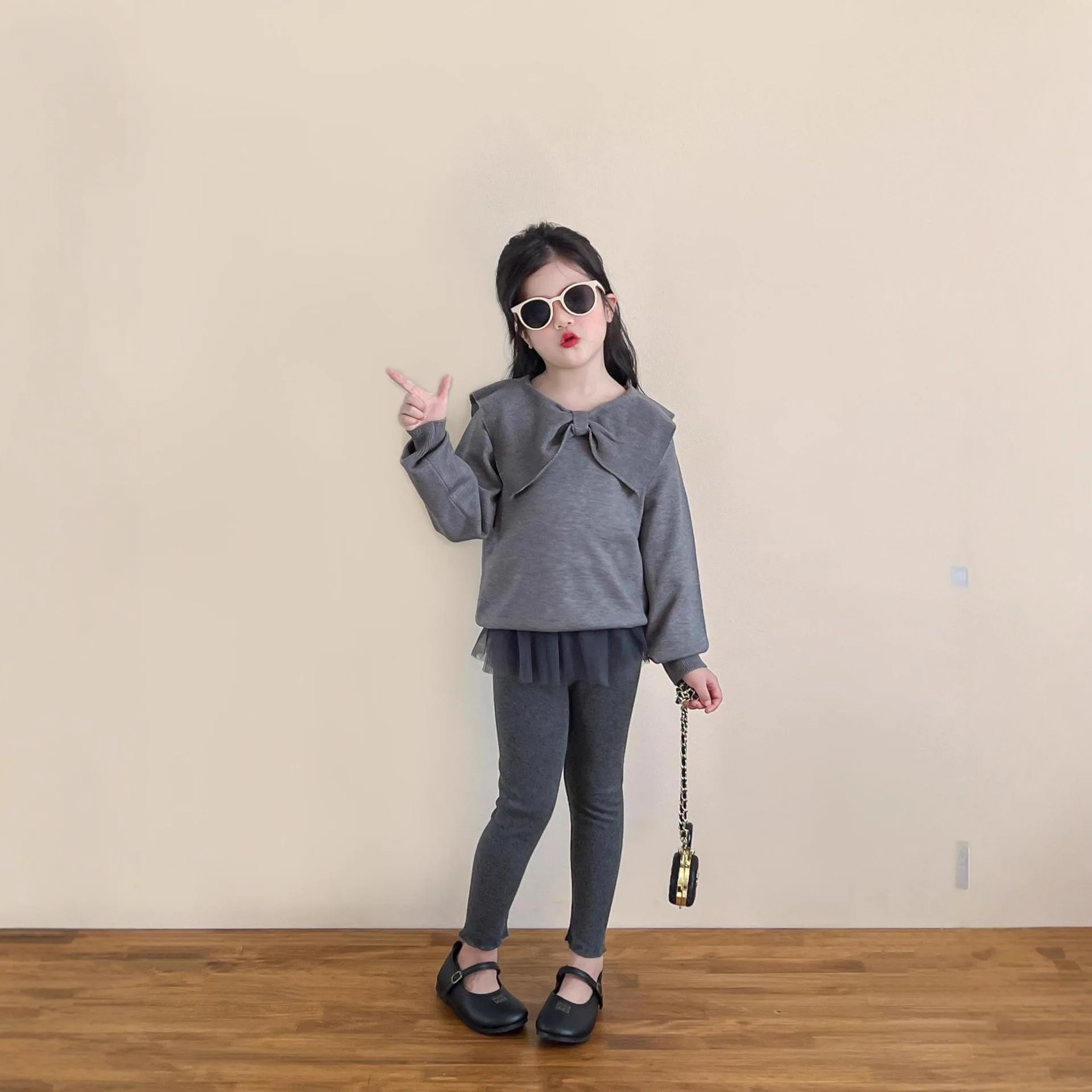 Girls Set Korean Version Sweet Big Bow Collar Gray Sweater Mesh Fart Curtain Leggings Daily Temperament Casual Fashion