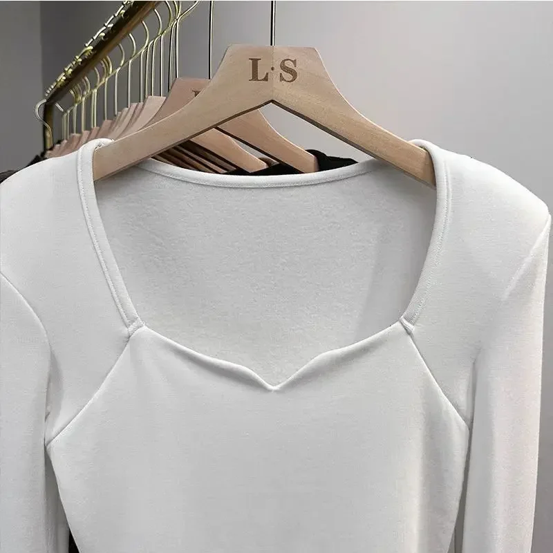 Camiseta de manga larga con cuello cuadrado para mujer, Top corto de felpa, ropa mate cálida, Otoño e Invierno