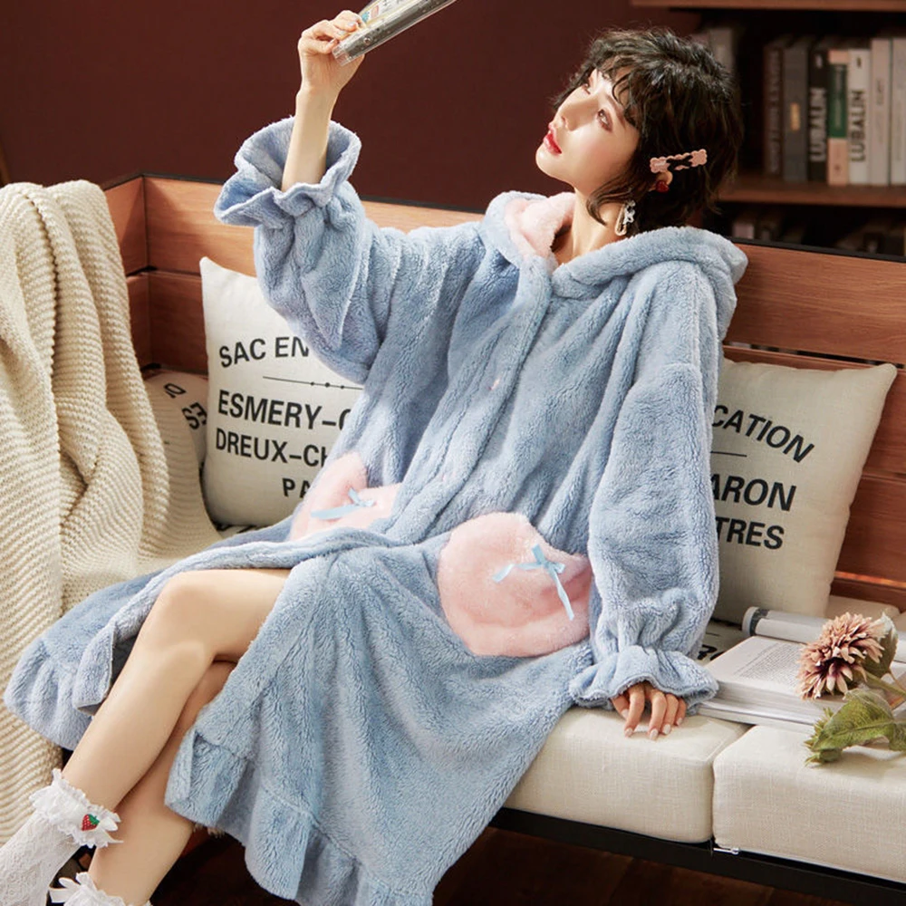 Women\'s Flannel Pajamas Long Sleeve Nightgown Loose Plus Size Korean Nightwear Winter Sleep Dress Cute Animal Cartoon Night Gown