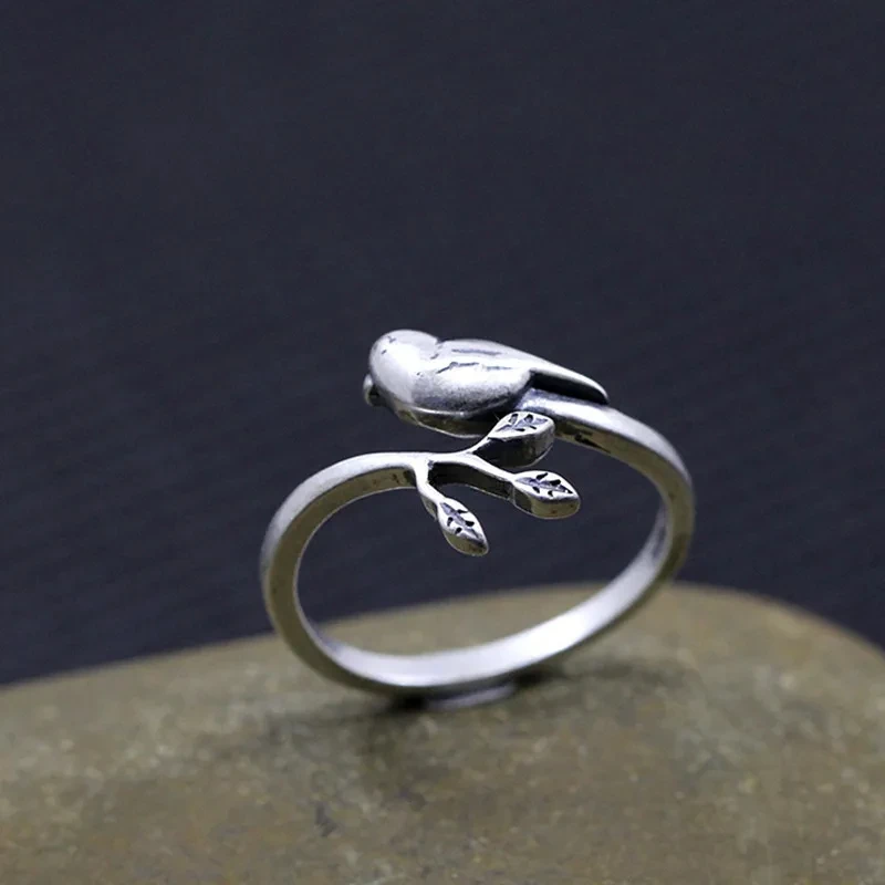 New Silver Color Bird Ring Wrap Leaf Branch Finger Cute Animal Retro Ethnic Ring for Woman Fashion Party Fine Jewelry Circle