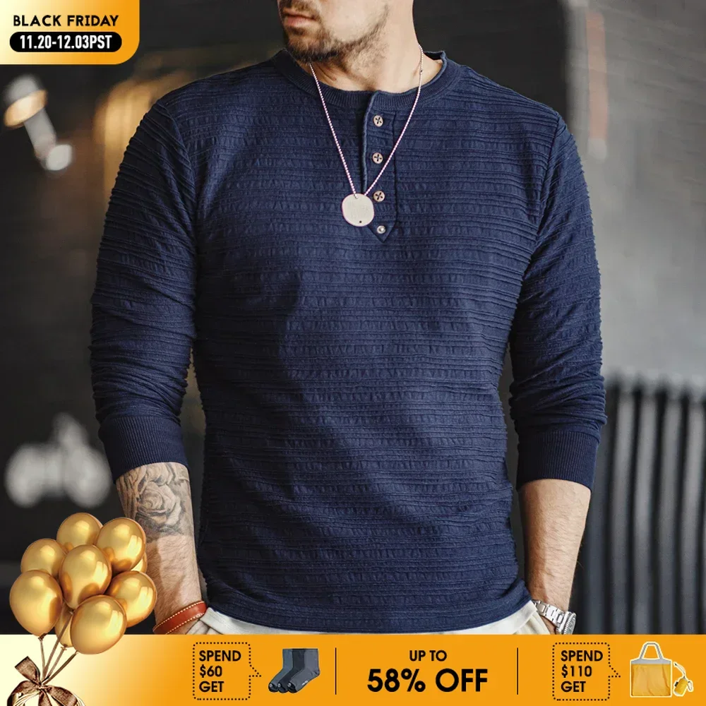 

Maden Men's Spring Vintage Jacquard Knitted Denim Henry Shirts Slim Long-sleeved T-shirt Wave Pattern Y-neck Tops for Autumn