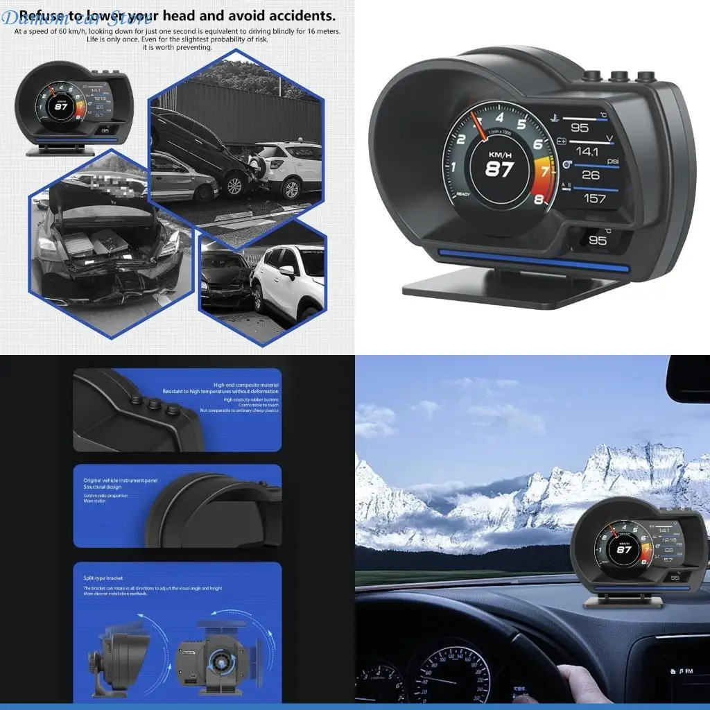 A2UC Intelligent Vehicle HUD Dashboard Monitor Speed Alert OBD Diagnostic Universal Car HUD Mount