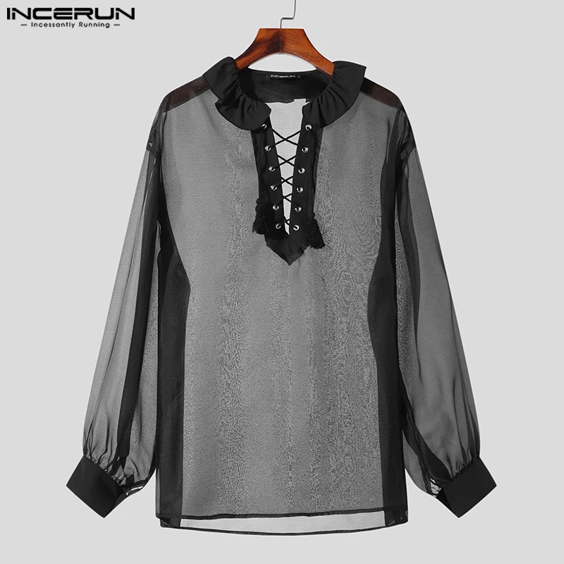 INCERUN Tops 2023 American Style New Men\'s Ruffled Tie Loose Shirts Casual Sexy Male Thin Perspective Long Sleeved Blouse S-5XL