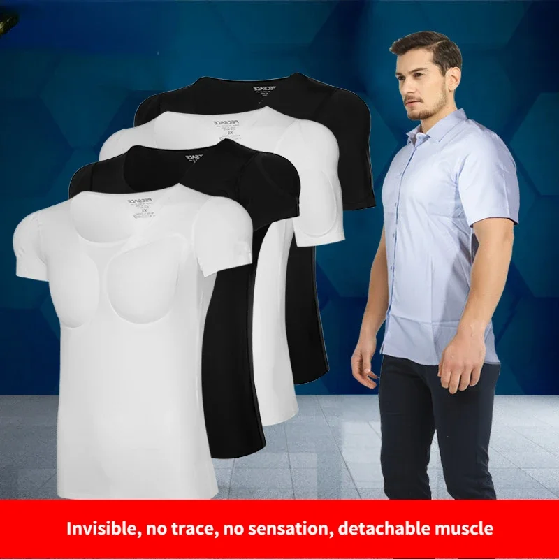 Man Fake Muscle Body Shaper Chest Sponge T-Shirt Cosplay Invisible Abdominal Arm Pad Top Underwear Fitness Suit for Model Party