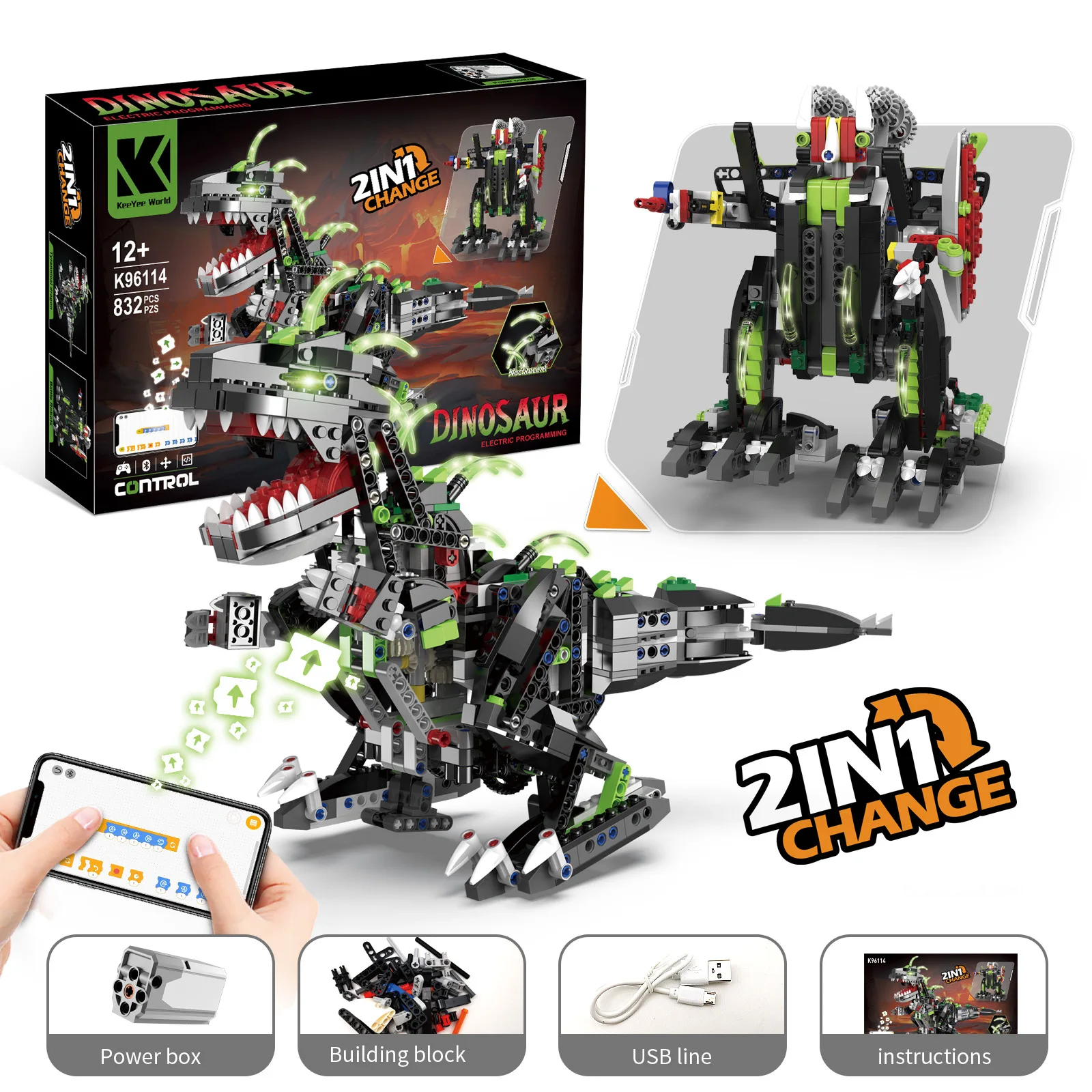 Dinosaur 2-in-1 Assembly Building Blocks Kit Programming Electric Remote Control Robot Model DIY Toy Kid Birthday Gift