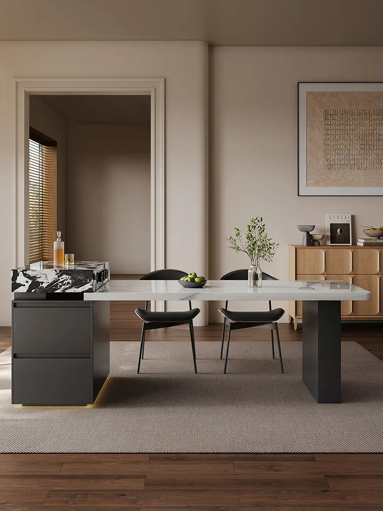 New island dining table integrated household retractable middle guide table induction cooker Italian minimalist rock slab dining