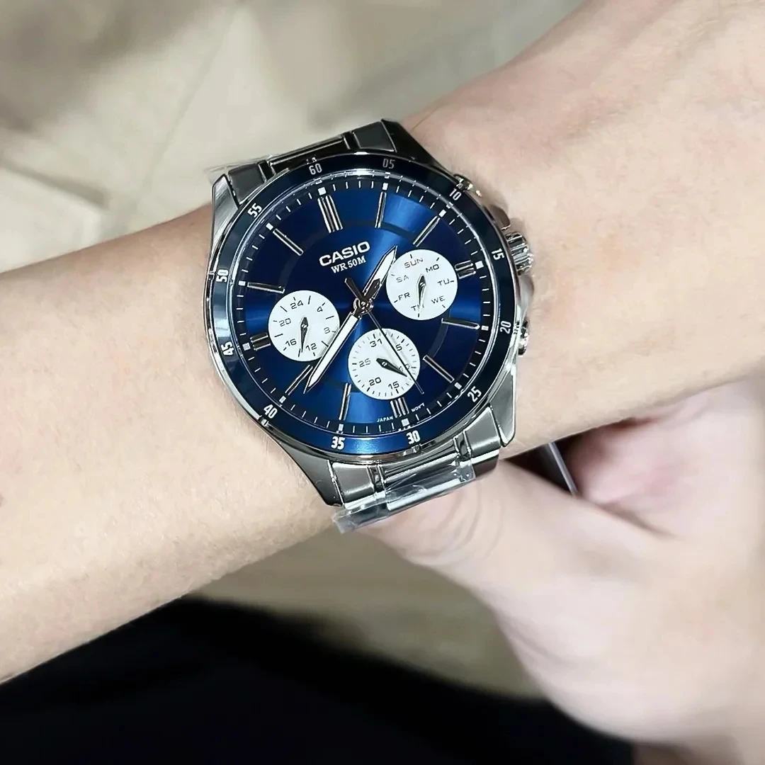  CASIO MTP-1374D Men's Multifunction Quartz Watch, 3 Sub-dials (Day/Date/24H), 50M Water Resistant, Stainless Steel Band