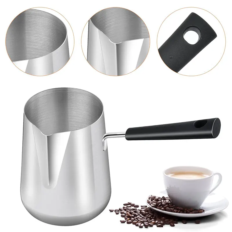 Long Handle Turkish Coffee Pot with Pouring Spout Stainless Steel Milk Butter Warmer Pot Stovetop Chocolate Melting Pan