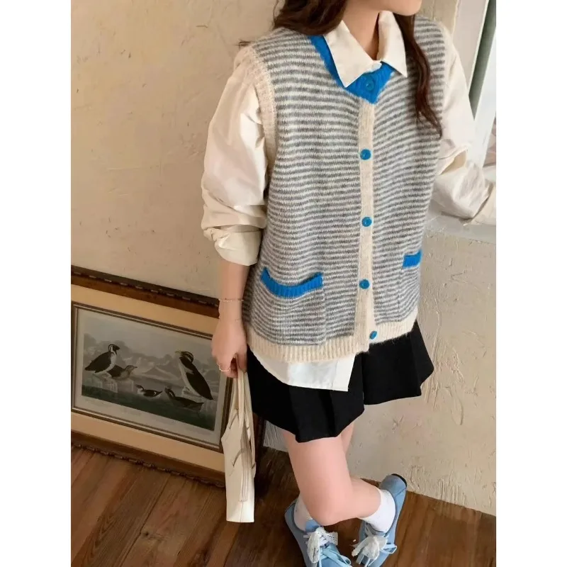 Women Korean Color Block Stripe Knit Vest Sleeveless Cardigan Loose Short Waistcoat For Autumn