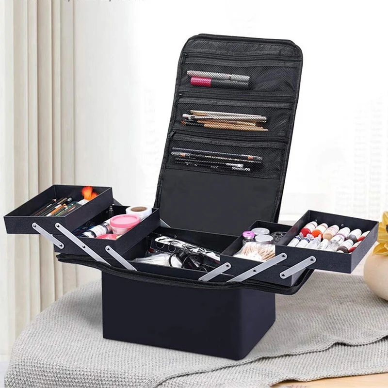 Professional Large Capacity Cosmetic Case Multi Layer Drawers Brush Pockets Portable Handle Zipper Box Nail Art Kit Makeup Bags