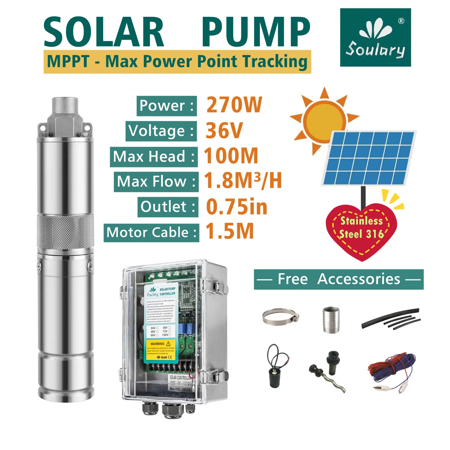 (FREE SHIPPING) Top Quality 3' Submersible Solar Pump 270W / 36V (Flow :1.8 M3/Hr, Head : 100 M)