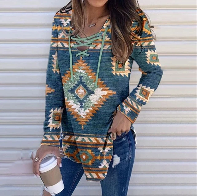 Spring Women Clothing S-5XL Ethnic Style Casual Printing Fashion Lace Up Pullover Versatile Shirt Long Sleeve Loose T-Shirt Top