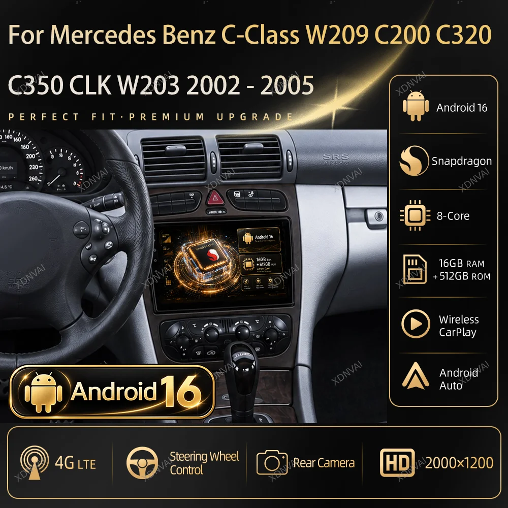 For Mercedes Benz C-Class W209 C200 C320 C350 CLK W203 2002 - 2005 Multimedia Video Player Car Radio Android 16 CarPlay GPS