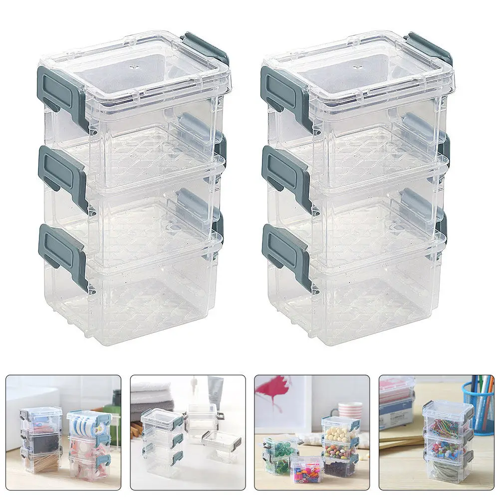 

6Pcs Stackable Desktop Storage Box Transparent Plastic Jewelry Organizer Makeup Container Sundries Case Buckle Handle