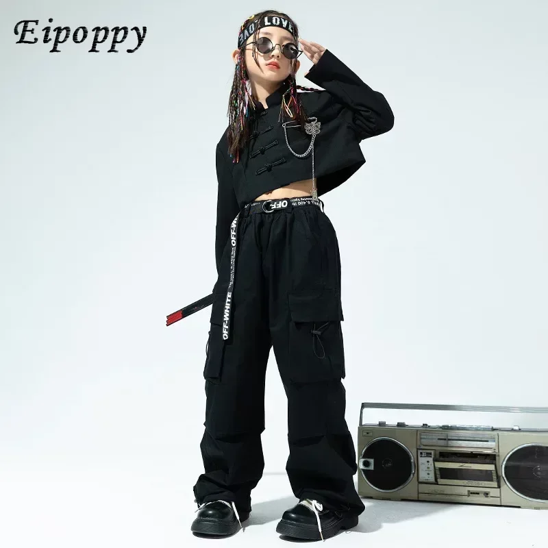 قميص بزر ضفدع أسود وأعلى محصول للفتيات ، سراويل بضائع واسعة غير رسمية ، ملابس رقص الجاز ، ملابس الرقص