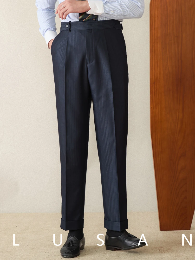 Mr. Deer Three Business Casual Gentry Striped Straight High Waist Pants All-match Men's Blue Neapolitan Trendy Pants