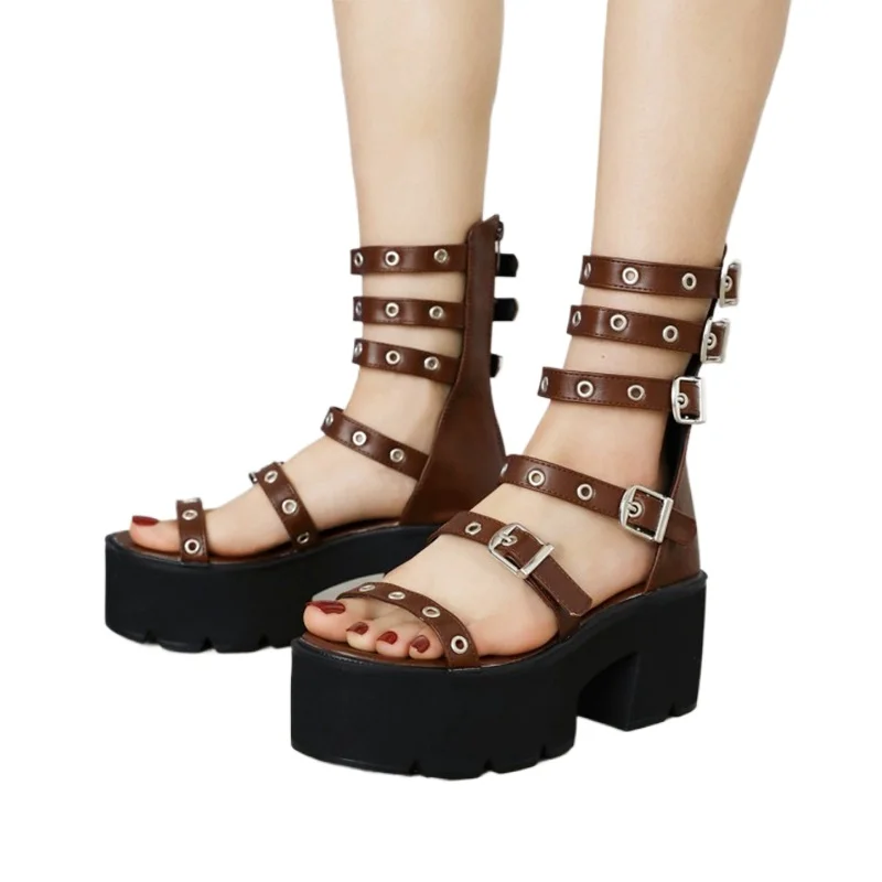 Gothic Platform Gladiator Sandals Women Plus Size 44 Buckle Straps Block Heel Back Zipper Punk Style Open Toe Summer Shoes 6615