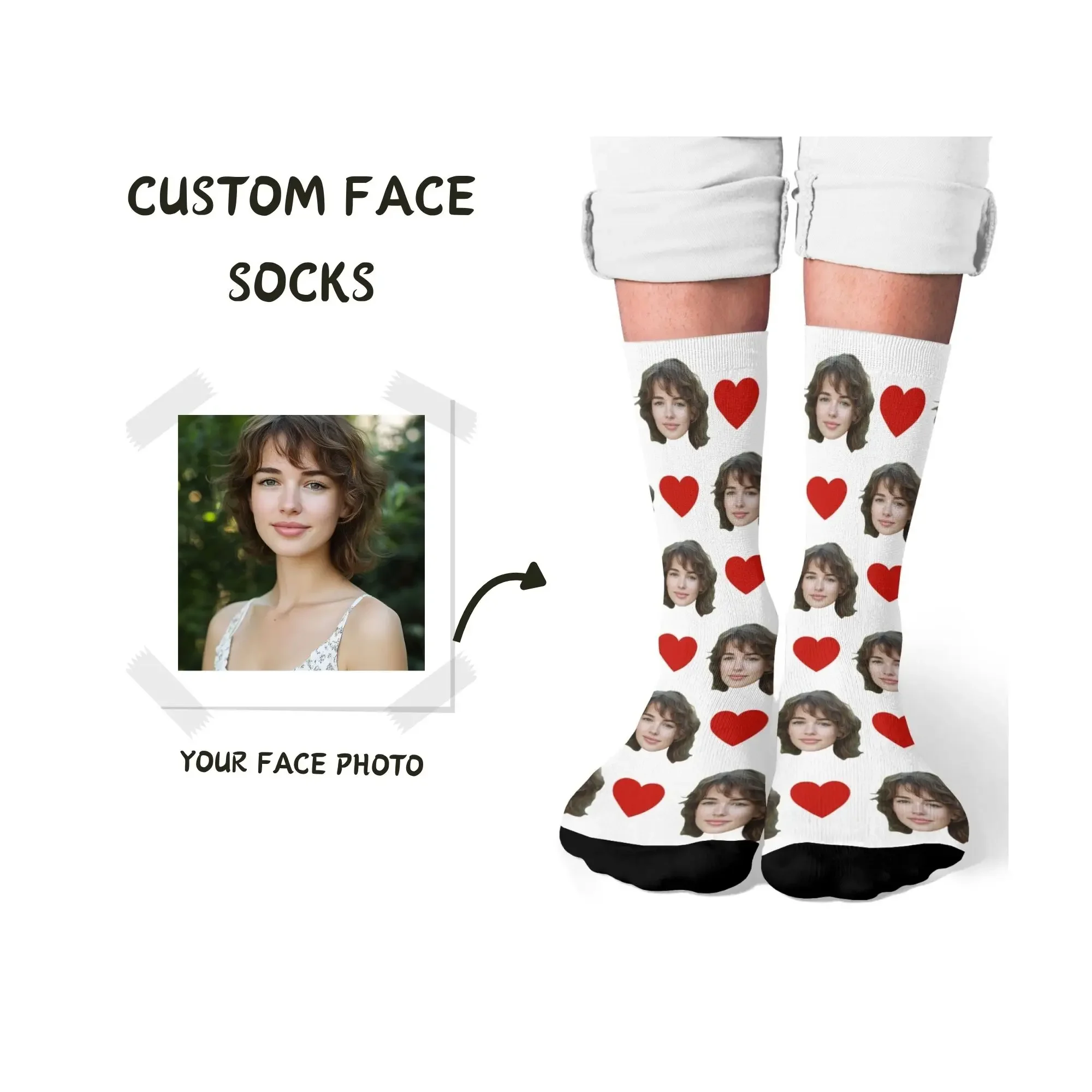 

Trendy Sweet Romantic Custom Face Compression Socks Red Hearts on White Fashionable Memory Gift for Love Couple Celebrations