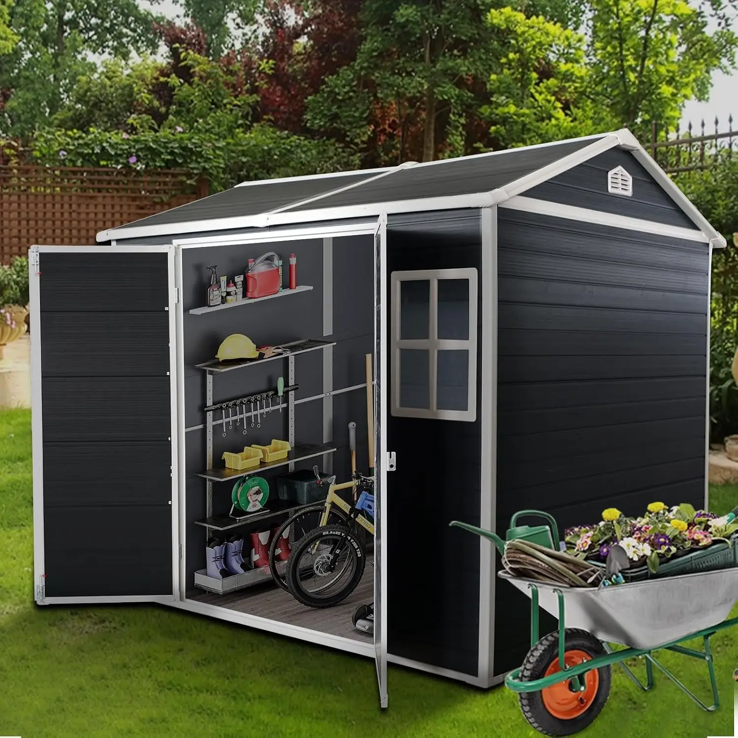 8x4ft Resin Storage Shed with Lockable Door & 2 Windows, Double-Layer Plastic Garden Shed for Tools Bike Trash Cans, Customized
