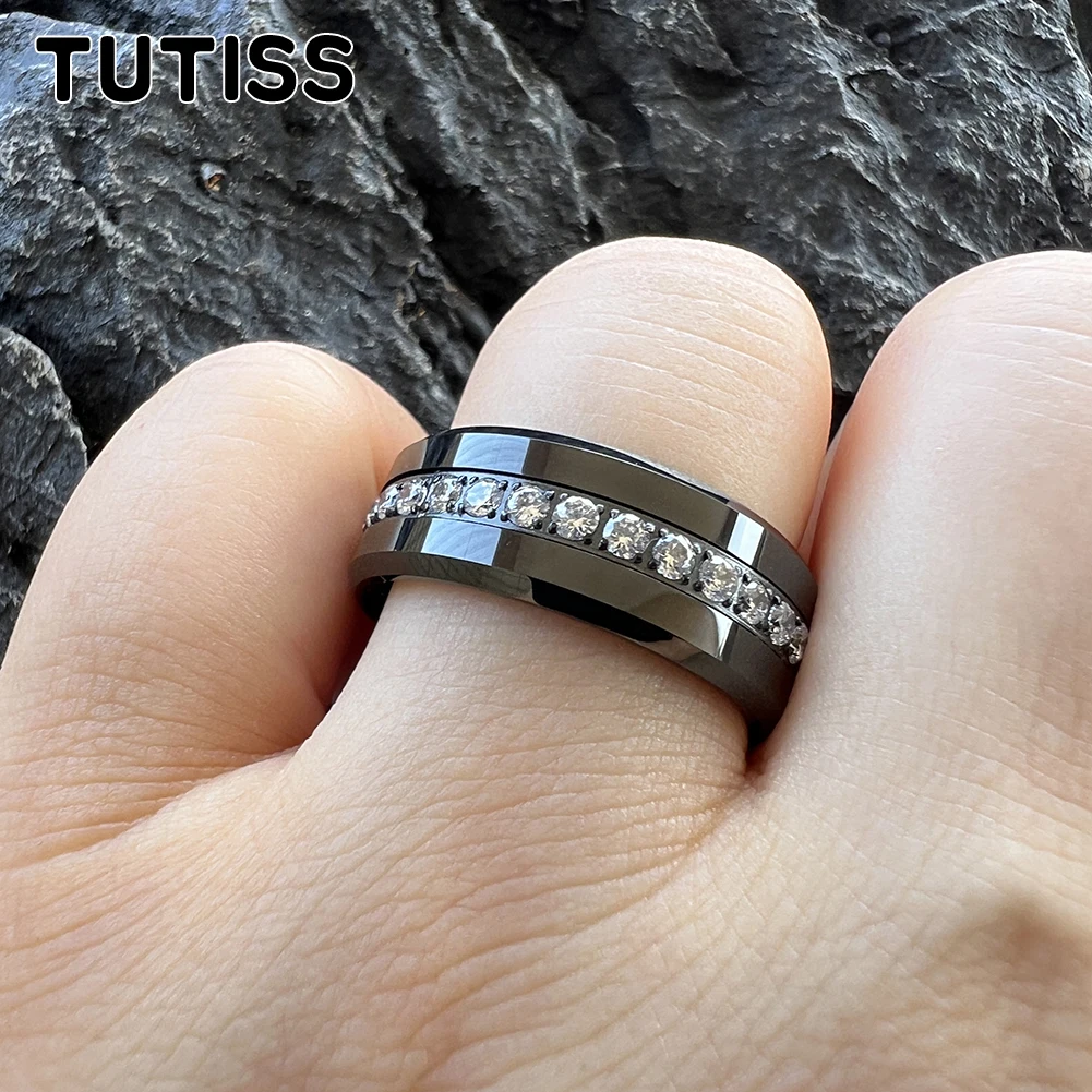 TUTISS 8mm CZ Stone Inlay Beveled Edges Black Tungsten Ring for Men Women Eternity Fashion Engagement Wedding Band