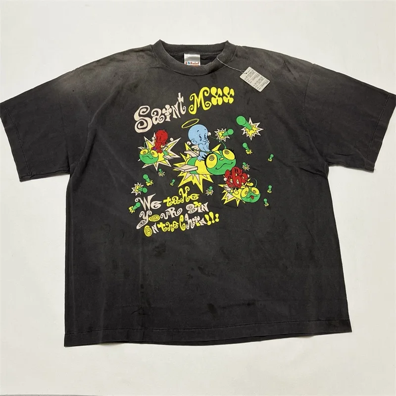 Little Devil Print SAINT MICHAEL Men’s Tshirts 1:1 Best Pure Cotton Wash Black Oversized Casual T Shirt
