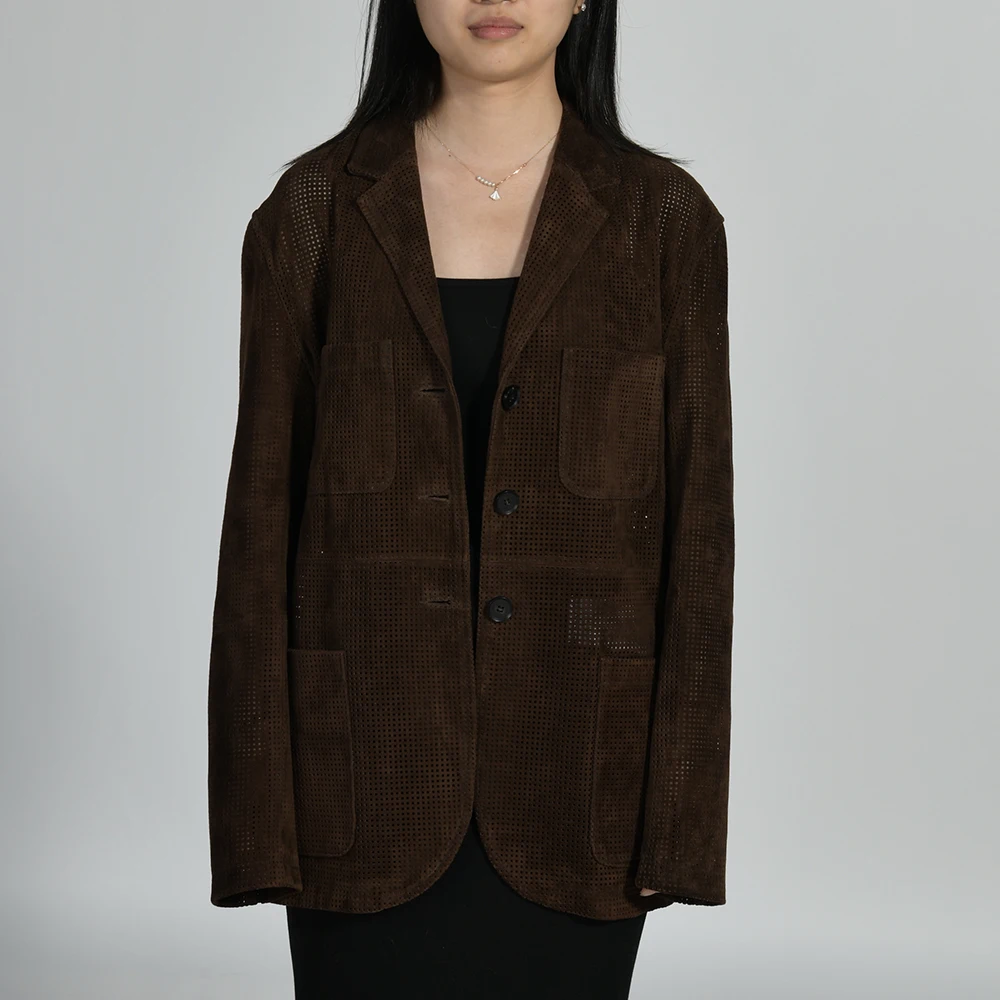 Jaxmonoy 2025, Frühjahr, neue echte Wildlederjacke, Damenmode, ausgehöhlte Echtlederjacke, Damen-Herbst-Ziegenleder-Wildleder-Blazer