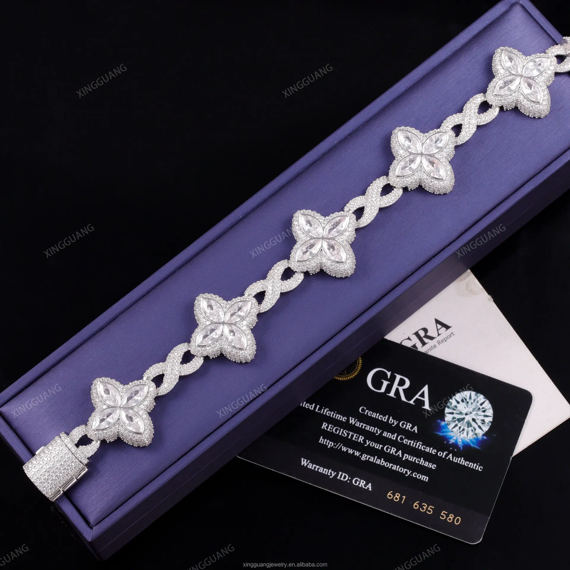 High end versatile 925 silver moissani inlaid clover bracelet, trendy hip-hop Cuban chain