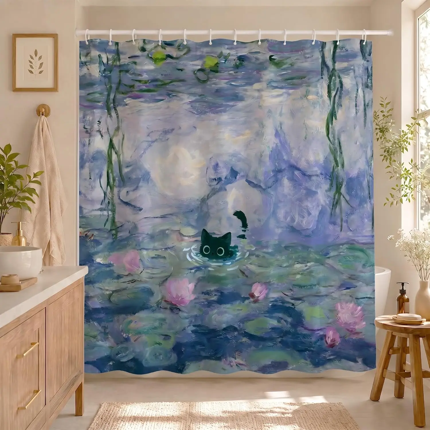 Abstract Watercolor Pond Lily Pad Shower Curtain Waterproof Bathroom Decor Polyester Artistic Nature Accent Curtain for Modern H