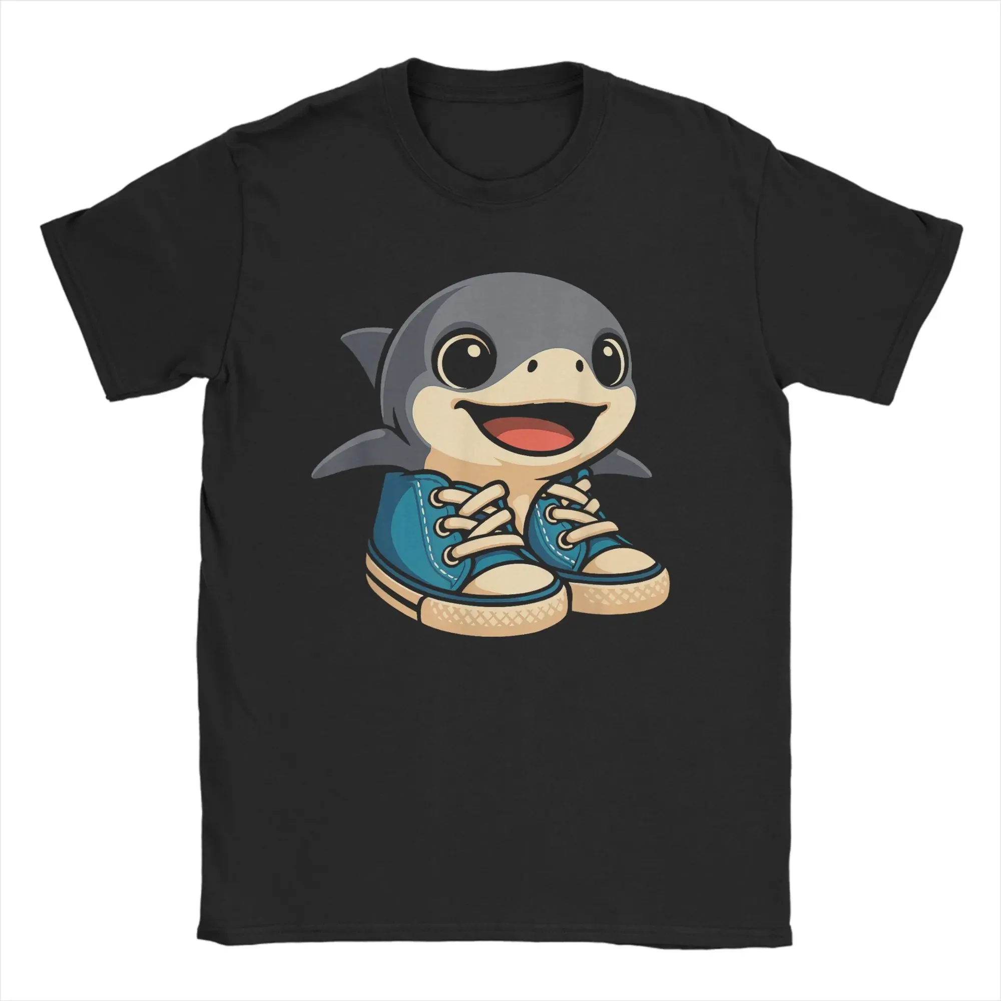 

Cute Shark Wearing Blue Sneakers Cartoon Graphic Tee Breathable Cotton Short Sleeve T-Shirt for Men