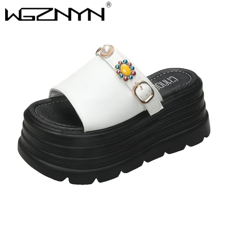 

8CM NEW Designer Pearl Shoes Womans Slippers Platform Slides Shale Female Sabot Summer Beach Ladies Slippers Platform Sandals